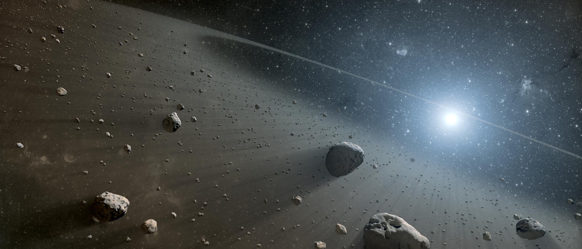 Künstlerische Darstellung eines Asteroidengürtels Künstlerische Darstellung eines Asteroidengürtels