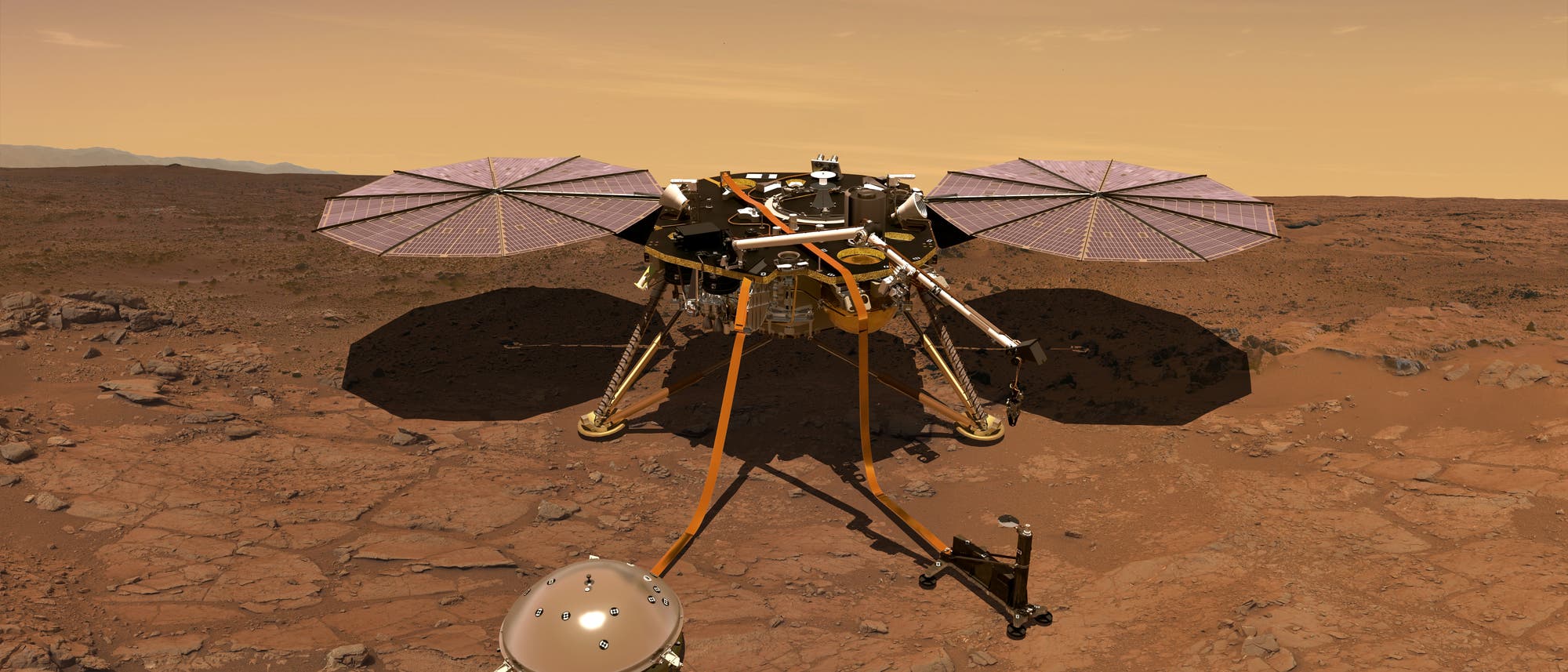 Raumsonde InSight auf dem Mars (Künstlerische Darstellung) Raumsonde InSight auf dem Mars (Künstlerische Darstellung)