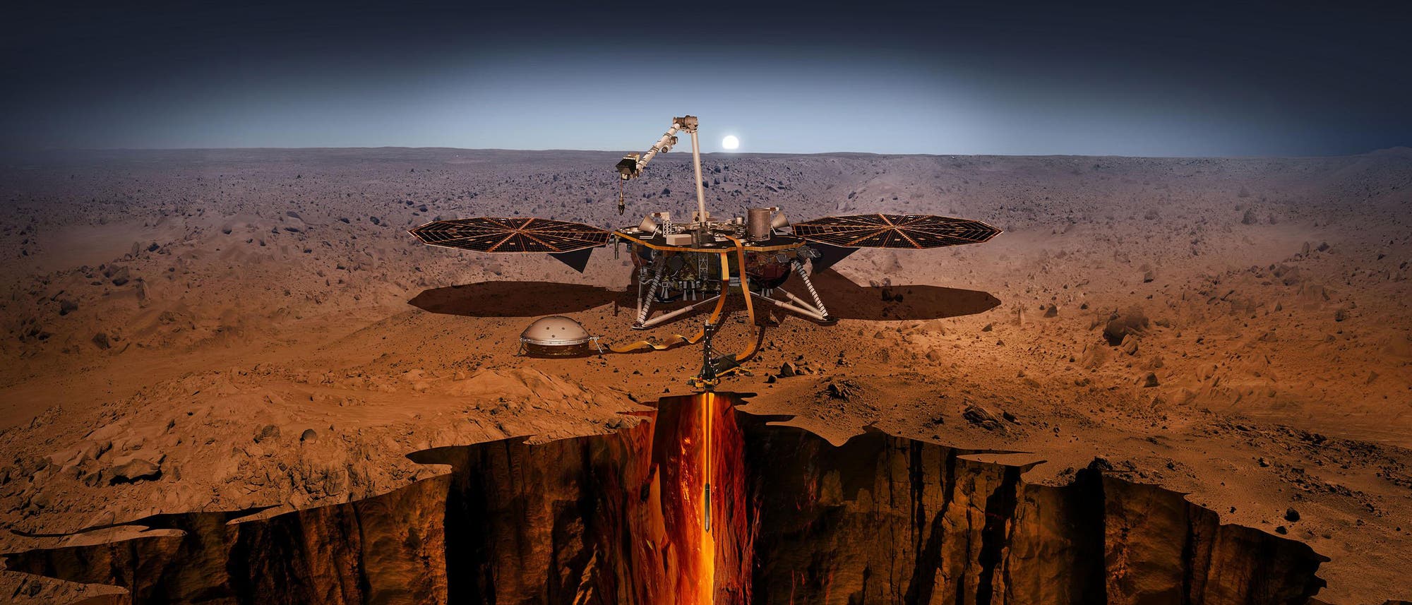 Die künstlerische Darstellung zeigt, wie der Marslander InSight das Innere des Roten Planeten vermisst. Die künstlerische Darstellung zeigt, wie der Marslander InSight das Innere des Roten Planeten vermisst.