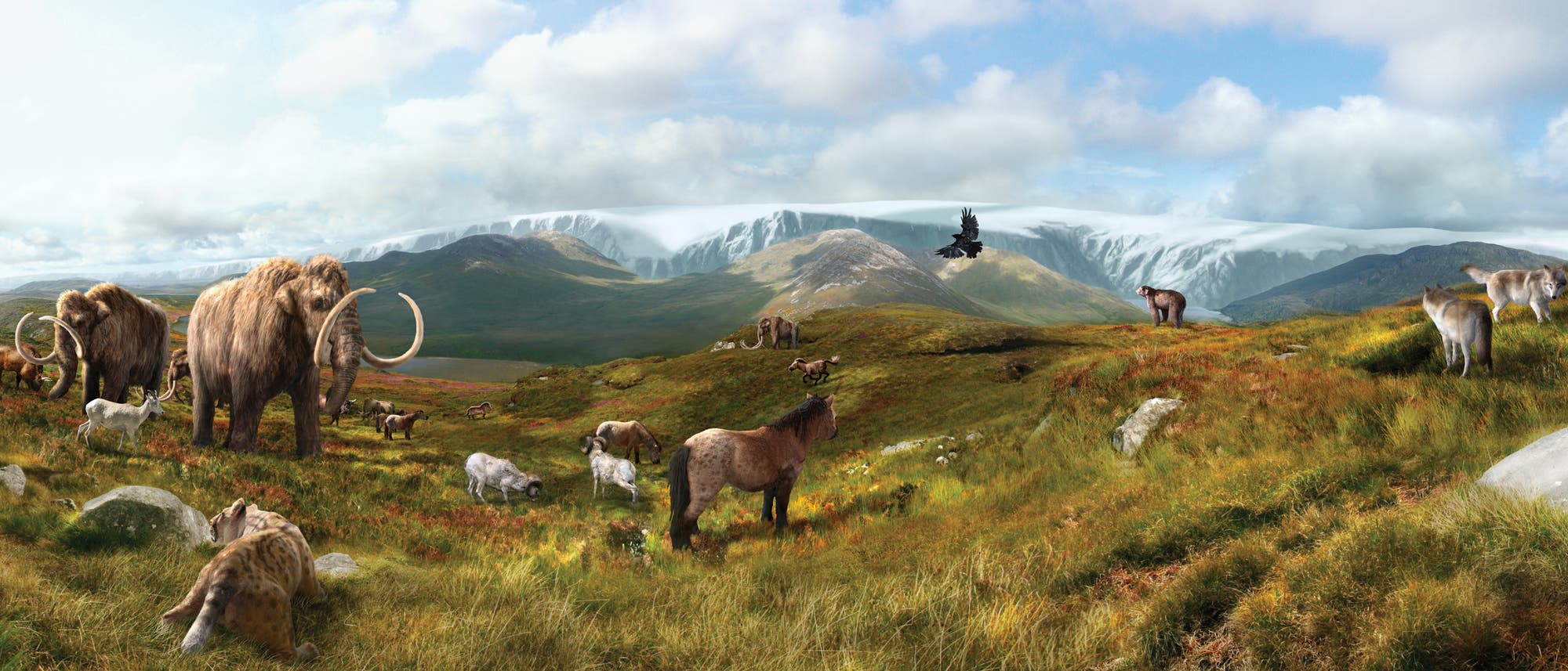 Illustration der Tier- und Pflanzenwelt während des späten Pleistozäns in der Region um den Yukon- und Klondike-Fluss. Illustration der Tier- und Pflanzenwelt während des späten Pleistozäns in der Region um den Yukon- und Klondike-Fluss.