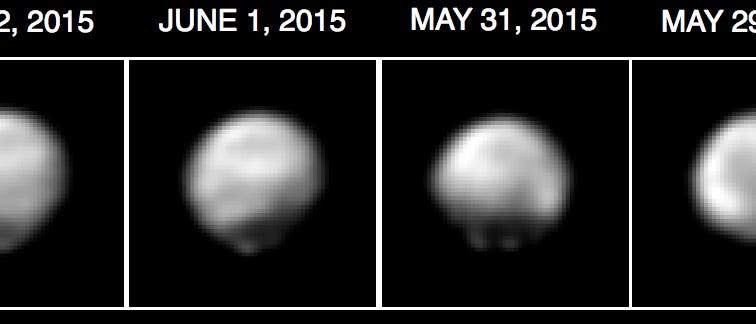 <p>Derzeit sind es nur wenige Pixel, die Pluto und Charon auf den Bildern der Raumsonde New Horizons einnehmen. Daher nutzen die Bildauswerter der NASA besondere rechnerische Verfahren, eine Dekonvolution, um noch mehr Details aus den Aufnahmen der Telekamera LORRI, dem Long Range Reconnaissance Imager, herauszuholen. Allerdings sind diese Ergebnisse nicht ganz eindeutig, so dass man kleinen Details der bearbeiteten Bilder keine zu große Bedeutung beimessen darf.</p> <p>Die jezt veröffentlichten Bilder wurden zwischen dem 29. Mai und dem 2. Juni 2015 aus Abständen zwischen 55 und 50 Millionen Kilometern aufgenommen – dies entspricht etwa einem Drittel der Distanz Erde - Sonne. Auf der gesamten Oberfläche lassen sich helle und dunkle Regionen erkennen, insbesondere auf der Nordhalbkugel gibt es ein großes dunkles Gebiet. Durch die Bildverarbeitung erscheint Pluto scheinbar als ein unregelmäßig geformter Körper wie ein Asteroid. Dies ist jedoch ein Artefakt, der Zwergplanet ist in Wirklichkeit eine wohlgeformte Kugel. Die Bilder von New Horizons wurden auch zu einem Videoclip verarbeitet, auf dem die Rotation des Zwergplaneten und der umlaufende Mond Charon zu sehen ist. Auch bei Charon deuten sich nun erste Oberflächendetails an.</p> <p>Pluto ist stark gegen seine Umlaufbahn geneigt, so dass derzeit der Südpol in Richtung Sonne weist. Auf den hier zu sehenden Bildern wurde Pluto so ausgerichtet, dass der Südpol nach oben zeigt. Worauf die hellen und dunklen Regionen zurückzuführen sind, werden wir in rund einem Monat erfahren, wenn New Horizons am 14. Juli 2015 dicht am Zwergplaneten vorbeifliegt. <p>Derzeit sind es nur wenige Pixel, die Pluto und Charon auf den Bildern der Raumsonde New Horizons einnehmen. Daher nutzen die Bildauswerter der NASA besondere rechnerische Verfahren, eine Dekonvolution, um noch mehr Details aus den Aufnahmen der Telekamera LORRI, dem Long Range Reconnaissance Imager, herauszuholen. Allerdings sind diese Ergebnisse nicht ganz eindeutig, so dass man kleinen Details der bearbeiteten Bilder keine zu große Bedeutung beimessen darf.</p> <p>Die jezt veröffentlichten Bilder wurden zwischen dem 29. Mai und dem 2. Juni 2015 aus Abständen zwischen 55 und 50 Millionen Kilometern aufgenommen – dies entspricht etwa einem Drittel der Distanz Erde - Sonne. Auf der gesamten Oberfläche lassen sich helle und dunkle Regionen erkennen, insbesondere auf der Nordhalbkugel gibt es ein großes dunkles Gebiet. Durch die Bildverarbeitung erscheint Pluto scheinbar als ein unregelmäßig geformter Körper wie ein Asteroid. Dies ist jedoch ein Artefakt, der Zwergplanet ist in Wirklichkeit eine wohlgeformte Kugel. Die Bilder von New Horizons wurden auch zu einem Videoclip verarbeitet, auf dem die Rotation des Zwergplaneten und der umlaufende Mond Charon zu sehen ist. Auch bei Charon deuten sich nun erste Oberflächendetails an.</p> <p>Pluto ist stark gegen seine Umlaufbahn geneigt, so dass derzeit der Südpol in Richtung Sonne weist. Auf den hier zu sehenden Bildern wurde Pluto so ausgerichtet, dass der Südpol nach oben zeigt. Worauf die hellen und dunklen Regionen zurückzuführen sind, werden wir in rund einem Monat erfahren, wenn New Horizons am 14. Juli 2015 dicht am Zwergplaneten vorbeifliegt.