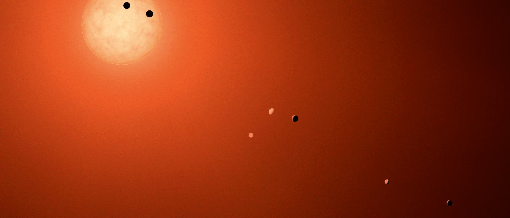 Der rund 40 Lichtjahre von uns entfernte rote Zwergstern TRAPPIST-1 im Sternbild Wassermann wird von sieben Planeten mit annähernder Erdgröße umrundet. Der rund 40 Lichtjahre von uns entfernte rote Zwergstern TRAPPIST-1 im Sternbild Wassermann wird von sieben Planeten mit annähernder Erdgröße umrundet.