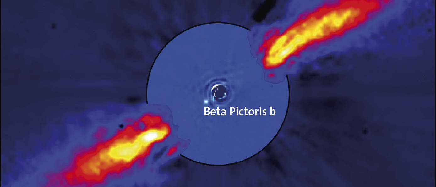 Dieses Bild ist ein Komposit zweier Infrarotaufnahmen. Der äußere Bereich zeigt die große zirkumstellare Staubscheibe von Beta Pictoris, aufgenommen mit dem adaptiven Optiksystem ADONIS am 3,6-Meter-Te­le­skop der ESO im Jahr 1996. Der innere Bereich entstand mit der Adaptiven-Optik-Infrarotkamera NACO am Very Large Telescope der ESO im Jahr 2003.