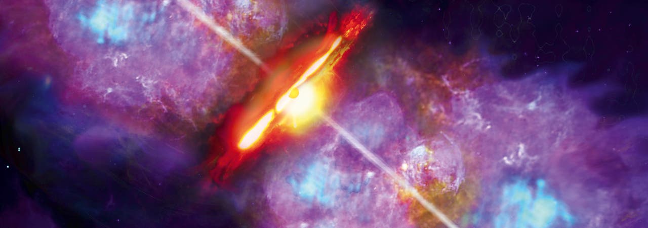 In dieser künstlerischen Darstellung von S255IR-NIRS3, einer zirkumstellaren Scheibe um einen massereichen jungen Stern mit bipolarem Materieauswurf, so genannten Jets, kommt es zu einem plötzlichen Anstieg der Ak­kre­tions­ra­te und damit zu einem Helligkeitsausbruch. 