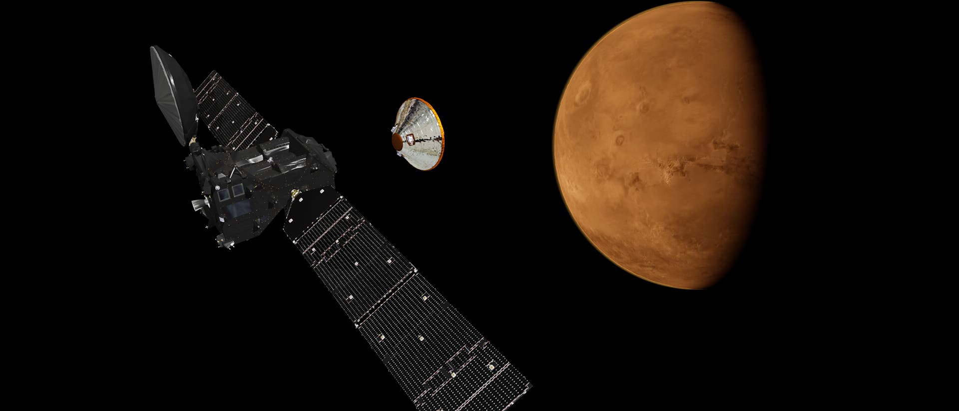 Schiaparelli trennt sich vom Trace Gas Orbiter (künstlerische Darstellung) Schiaparelli trennt sich vom Trace Gas Orbiter (künstlerische Darstellung)