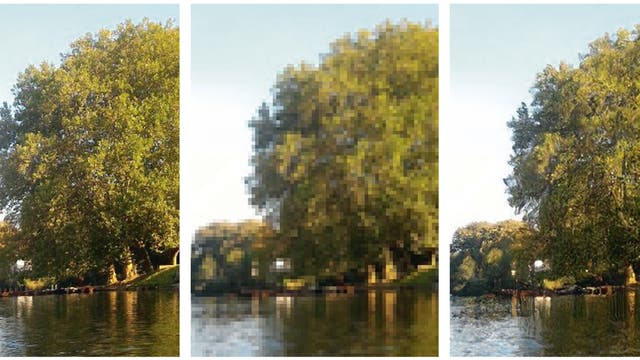Aus einem Bild, das wegen viel zu geringer Pixelzahl (Mitte) das Original (links) nur mangelhaft wiedergibt, errechnet ein neuronales Netz Rekonstruktionen (rechts), die dem Original nahekommen.
