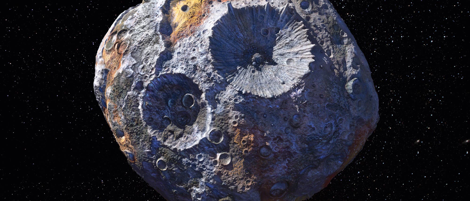 Künstlerische Darstellung des Asteroiden Psyche, bei dem es sich um den metallischen Kern eines Planetenvorläufers handeln könnte. Künstlerische Darstellung des Asteroiden Psyche, bei dem es sich um den metallischen Kern eines Planetenvorläufers handeln könnte.