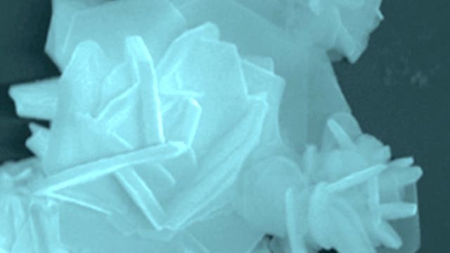 Detailaufnahme von Niobsulfid im Rasterelektronenmikroskop. Das geschichtete Material katalysiert die elektrolytische Wasserstoffherstellung genauso effizient wie Platin.