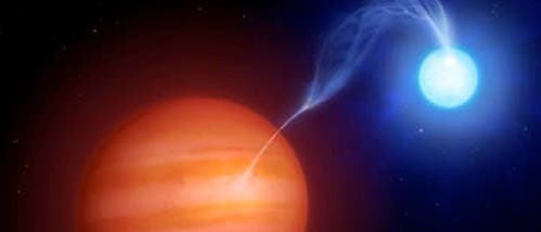 Der Weiße Zwerg im Doppelsternsystem SDSS1212 saugt seinen Begleiter aus. Der Weiße Zwerg im Doppelsternsystem SDSS1212 saugt seinen Begleiter aus.