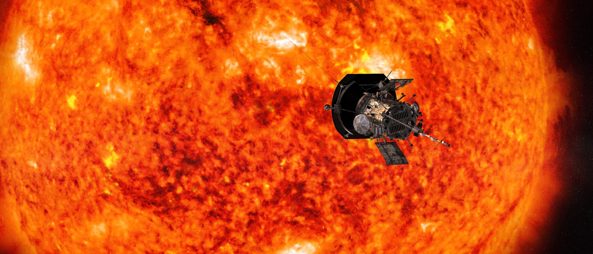 Künstlerische Darstellung der Parker Solar Probe und ihres Untersuchungsobjekts, ein Stern Künstlerische Darstellung der Parker Solar Probe und ihres Untersuchungsobjekts, ein Stern