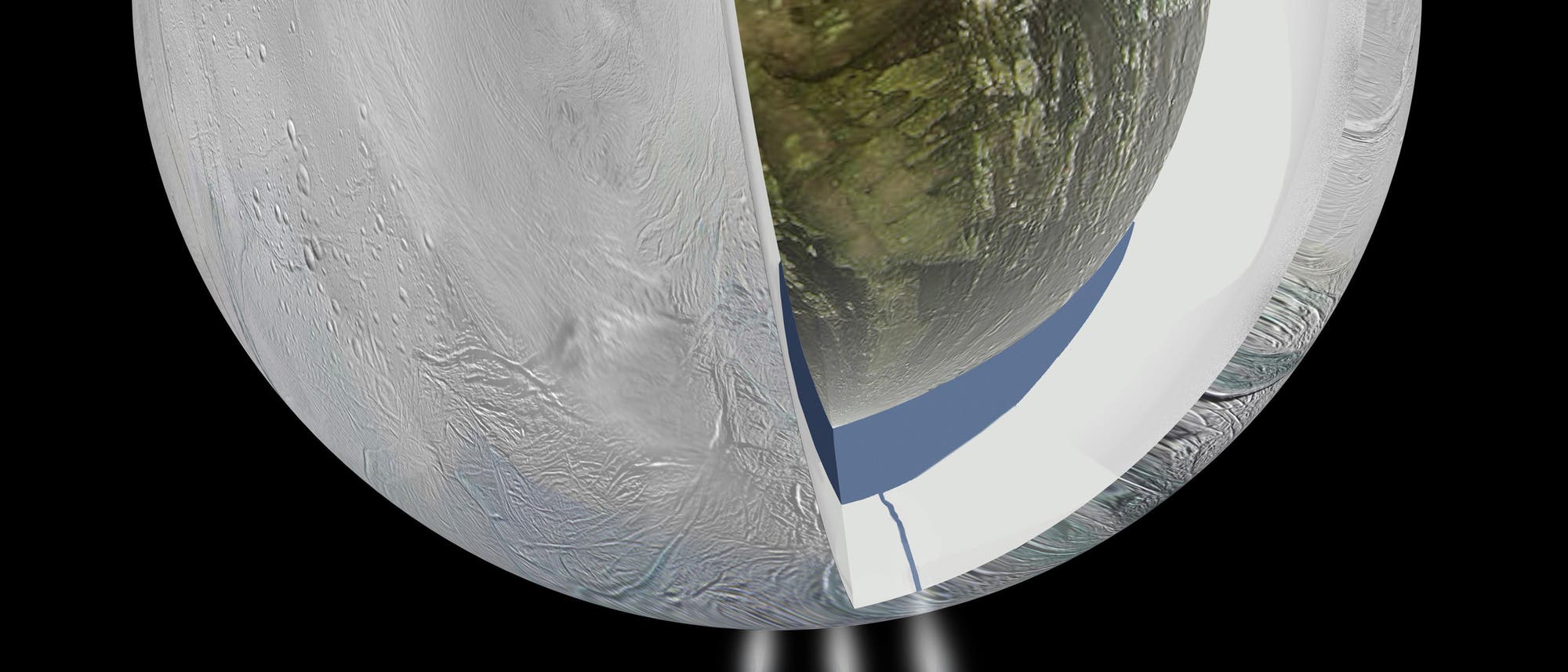 Ein Ozean unter dem Südpol von Enceladus (künstlerische Darstellung) Ein Ozean unter dem Südpol von Enceladus (künstlerische Darstellung)