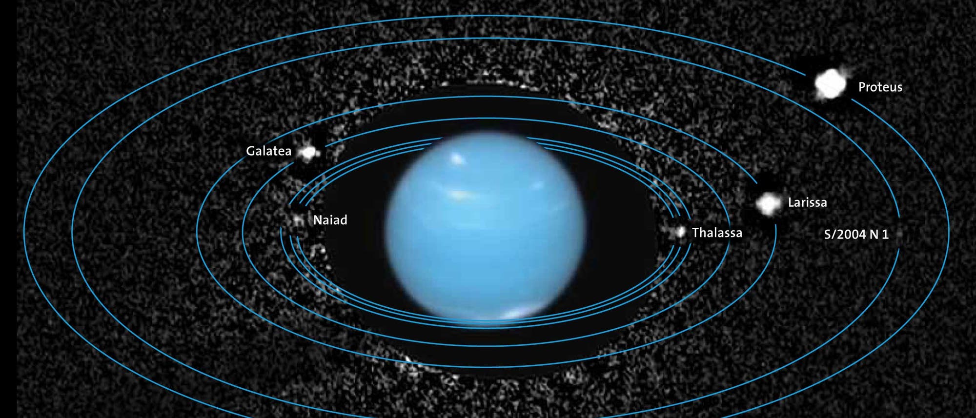Das innere Neptunsystem, abgelichtet mit der Wide Field Camera 3 des Weltraumteleskops Hubble Das innere Neptunsystem, abgelichtet mit der Wide Field Camera 3 des Weltraumteleskops Hubble
