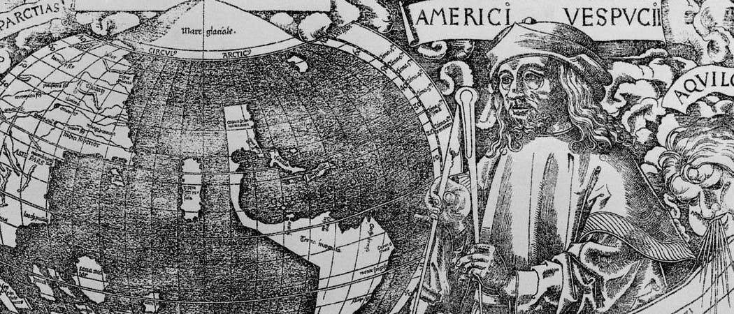 Weltkarte mit Amerigo Vespucci Weltkarte mit Amerigo Vespucci
