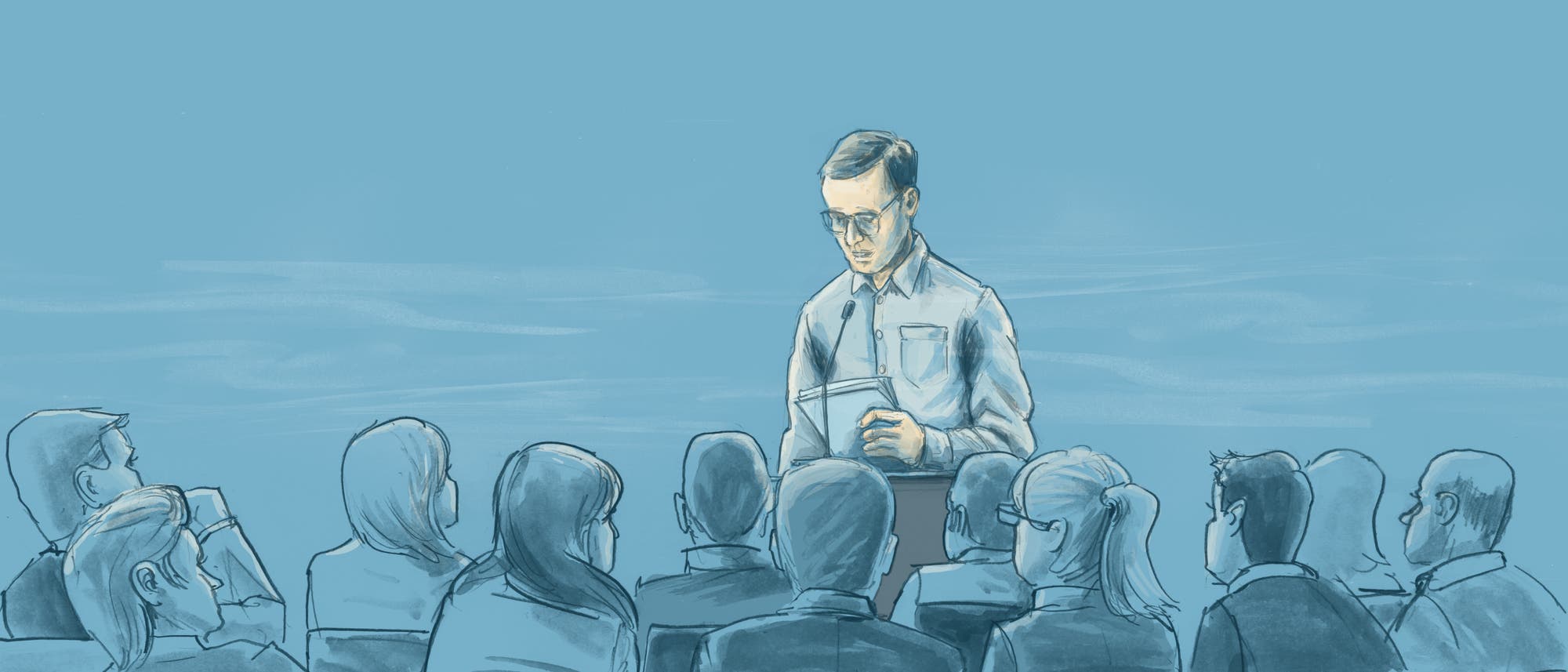 Illustration eines Mannes, der während seines Vortrags stark schwitzt Illustration eines Mannes, der während seines Vortrags stark schwitzt