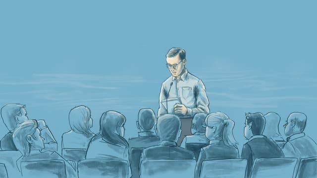 Illustration eines Mannes, der während seines Vortrags stark schwitzt 