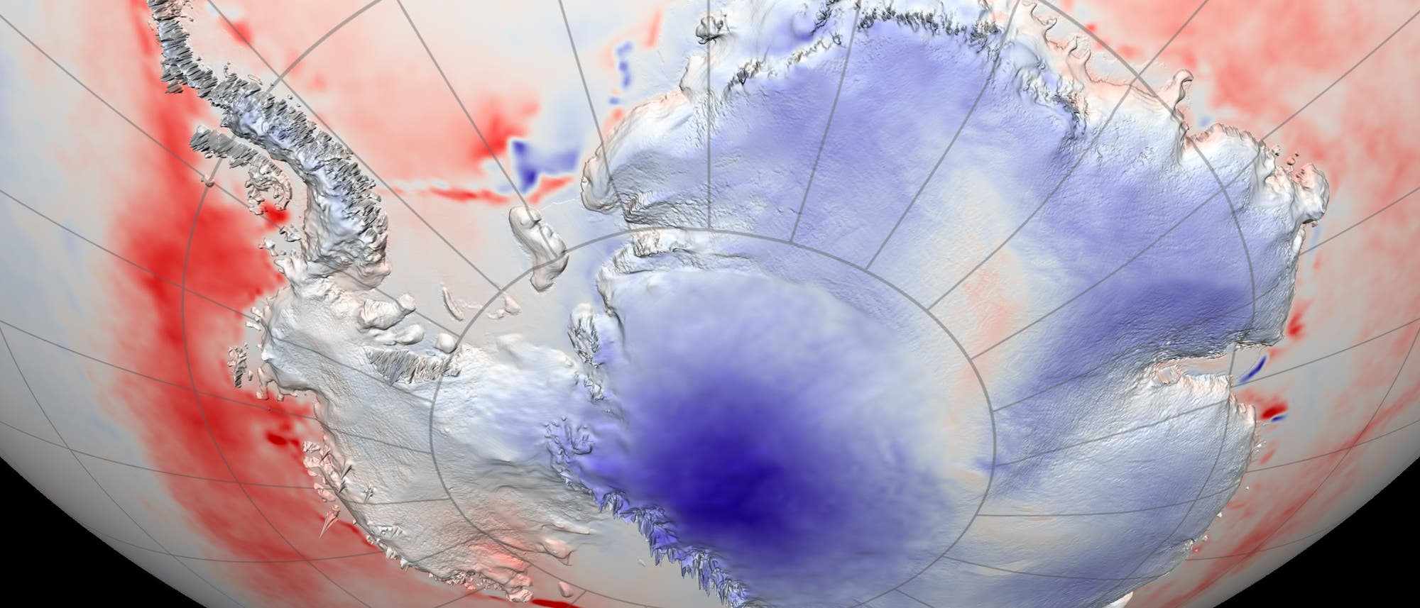 Abkühlende Antarktis (blau bedeutet sinkende Durchschnittstemperaturen im langjährigen Mittel, rot eine Temperaturzunahme)