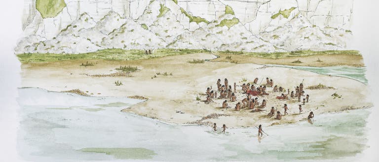 Rekonstruktionszeichnung des 480 000 Jahre alten Schlachtplatzes, wie ihn Archäologen aus der Fundsituation ermittelten. Rekonstruktionszeichnung des 480 000 Jahre alten Schlachtplatzes, wie ihn Archäologen aus der Fundsituation ermittelten.