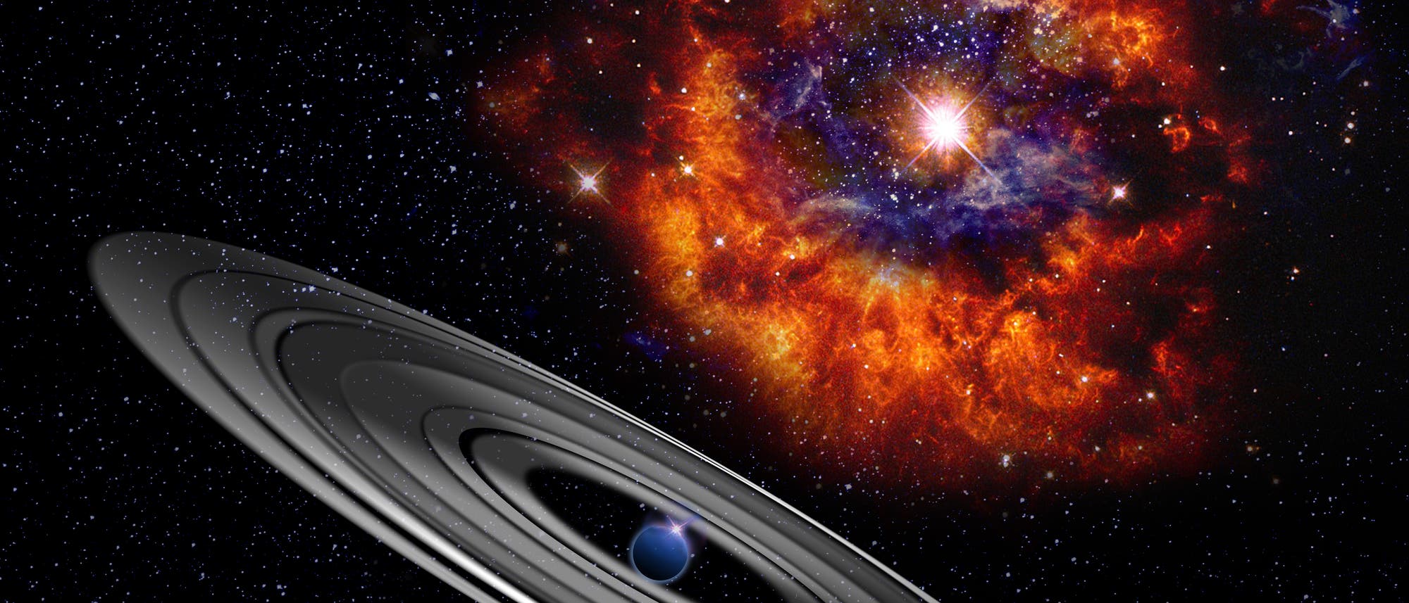 Der Exoplanet PDS 110 mit riesigem Ring (Künstlerische Darstellung) Der Exoplanet PDS 110 mit riesigem Ring (Künstlerische Darstellung)