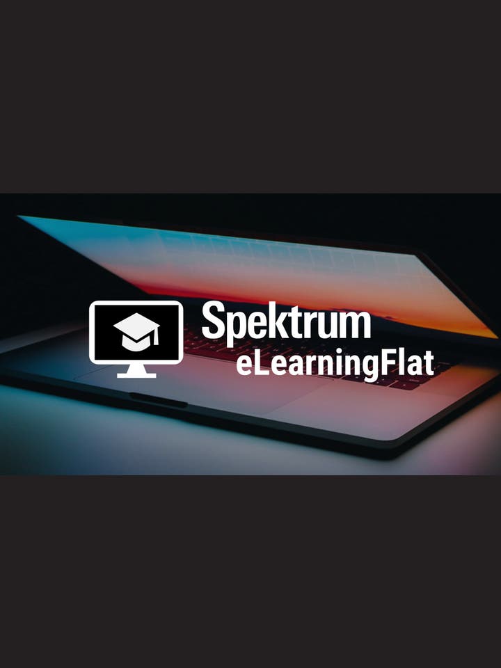 Im Vordergrund: Logo Spektrum eLearningFlat. Im Hintergrund: Halb aufgeklappter Laptop.