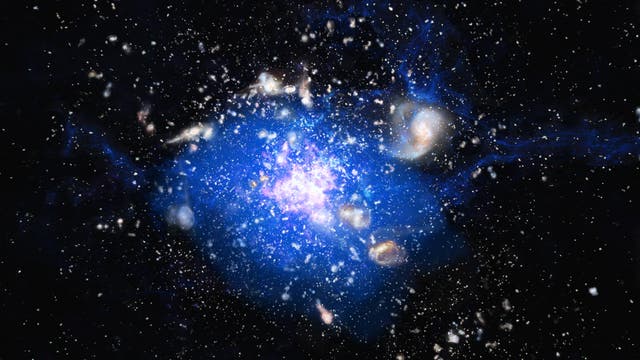 Künstlerische Darstellung der Vorgänge in der "Spinnennetz-Galaxie" im Sternbild Wasserschlange