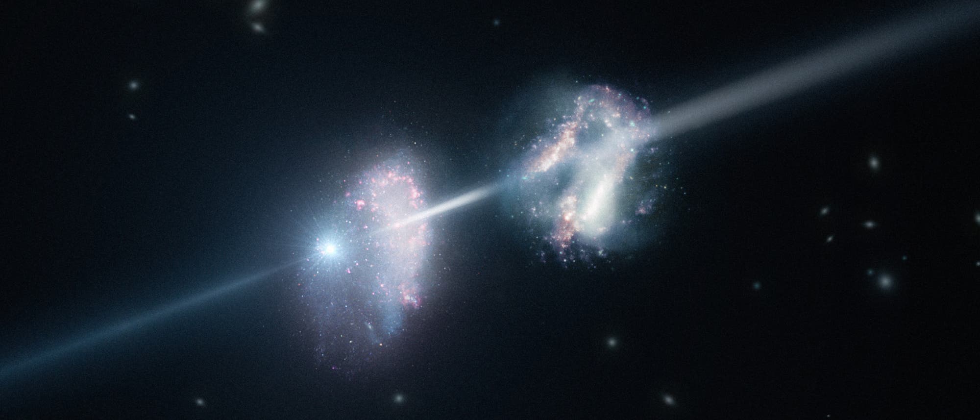 Künstlerische Darstellung der beiden vom Gammastrahlenausbruch durchleuchteten Galaxien. Künstlerische Darstellung der beiden vom Gammastrahlenausbruch durchleuchteten Galaxien.