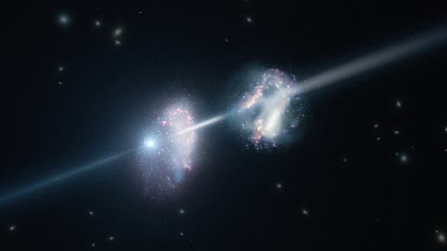 Künstlerische Darstellung der beiden vom Gammastrahlenausbruch durchleuchteten Galaxien.