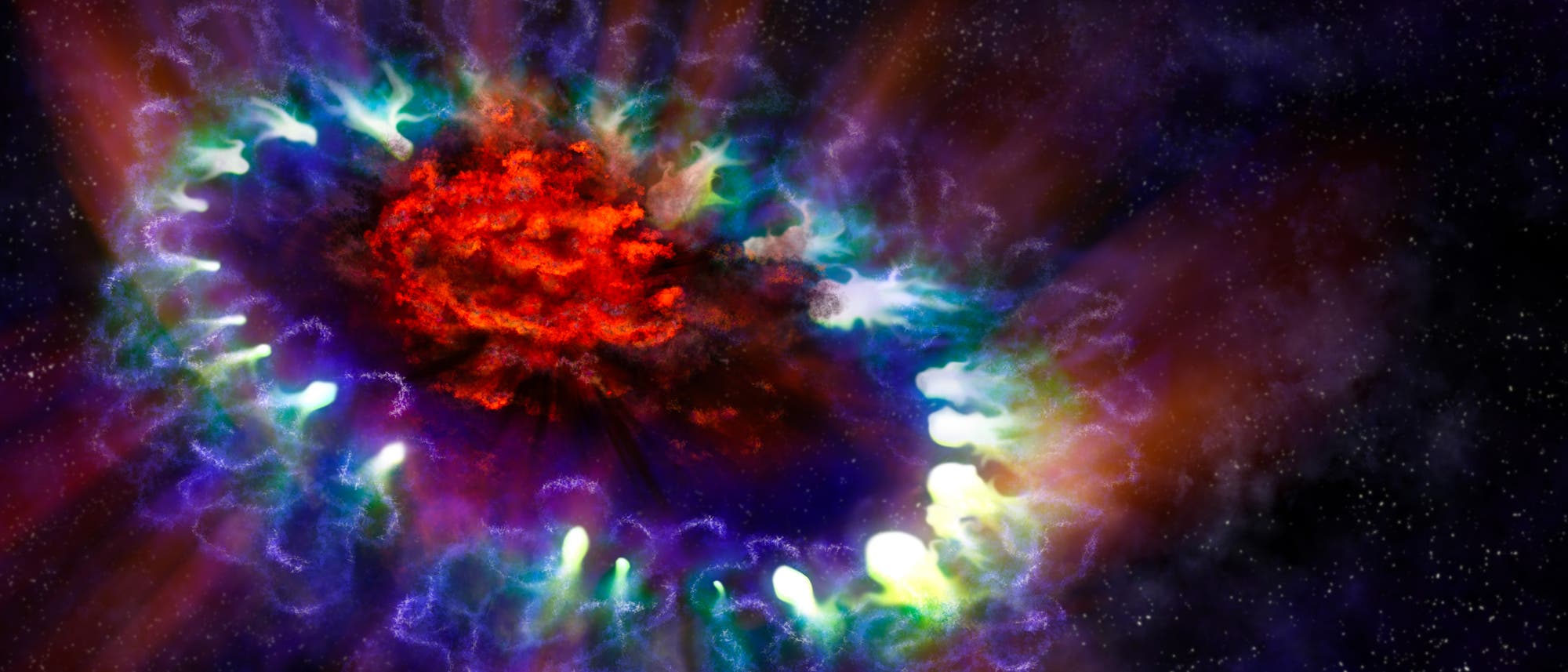 Eine künstlerische Darstellung der Supernova SN 1987A. Eine künstlerische Darstellung der Supernova SN 1987A.