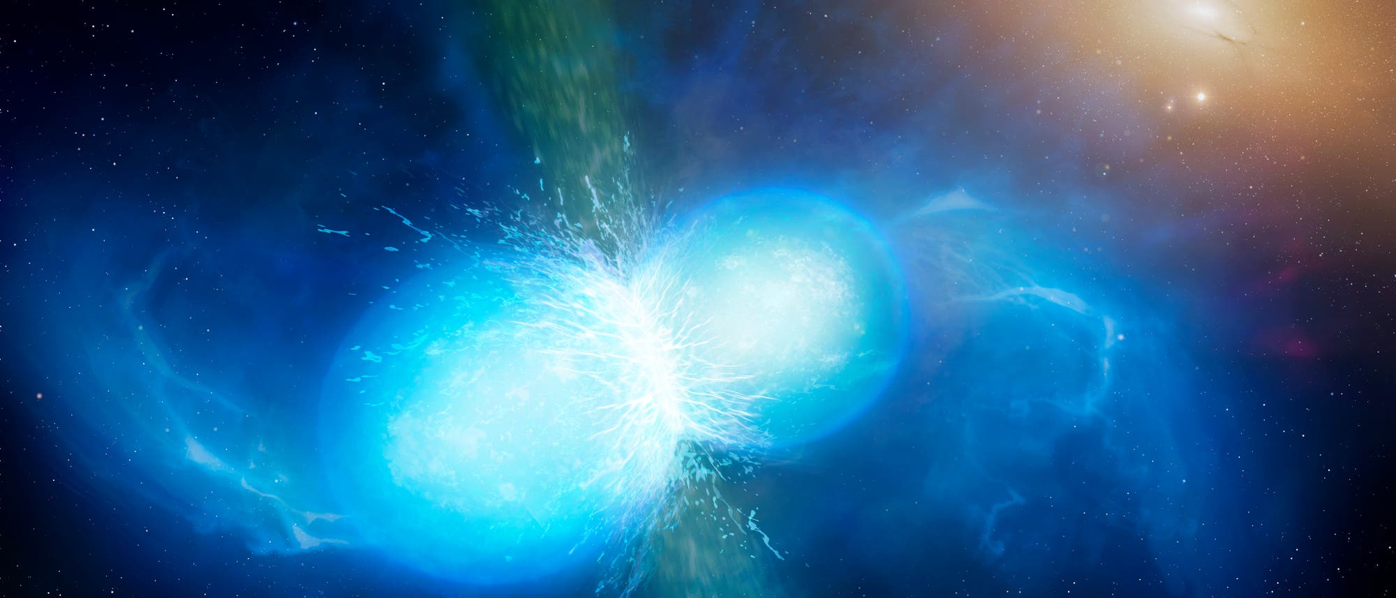Künstlerische Darstellung verschmelzender Neutronensterne Künstlerische Darstellung verschmelzender Neutronensterne