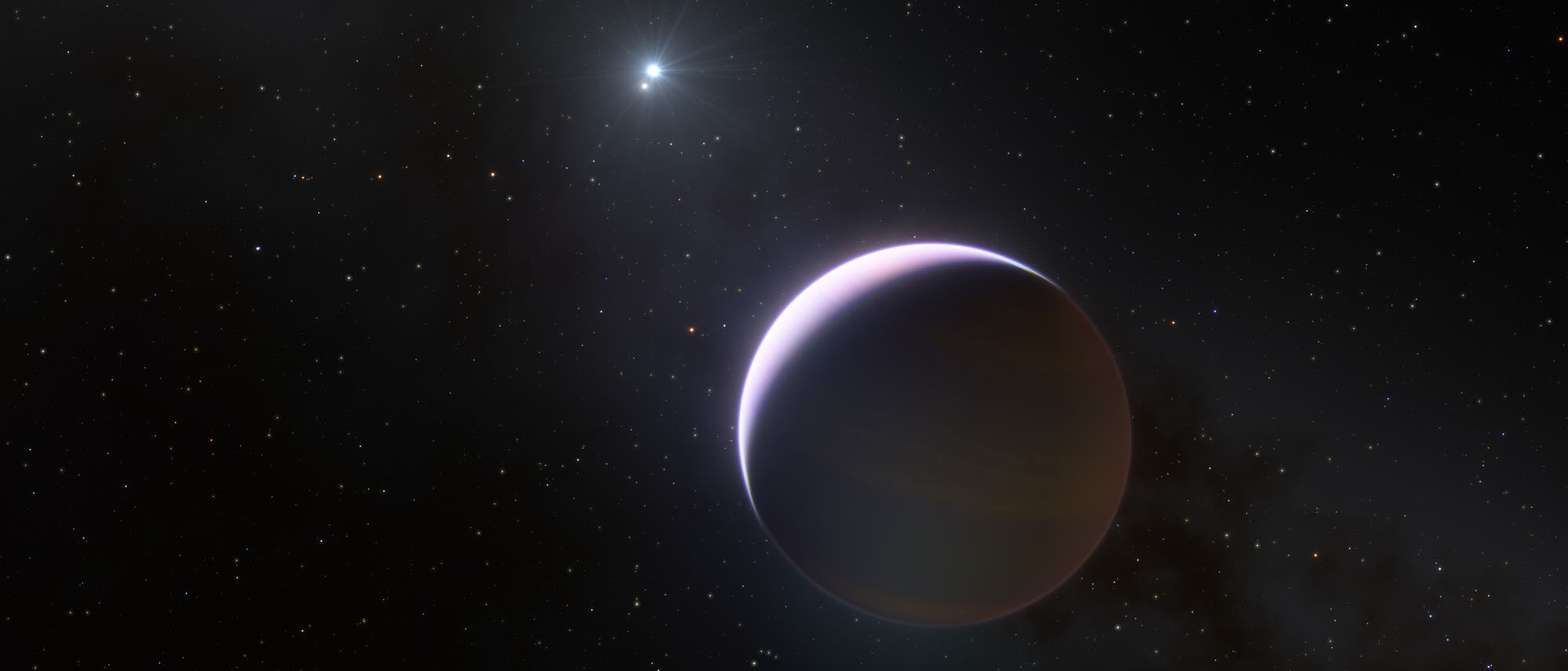Künstlerische Darstellung von b Centauri b, einem Exoplaneten, der ein extrem massereiches Sternsystem umkreist Künstlerische Darstellung von b Centauri b, einem Exoplaneten, der ein extrem massereiches Sternsystem umkreist