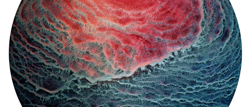 Diese Makroaufnahme eines eingetrockneten Whiskeytropfens erinnert an ein expressionistisches Landschaftsbild. Schuld daran ist der so genannte Marangoni-Effekt. Diese Makroaufnahme eines eingetrockneten Whiskeytropfens erinnert an ein expressionistisches Landschaftsbild. Schuld daran ist der so genannte Marangoni-Effekt.