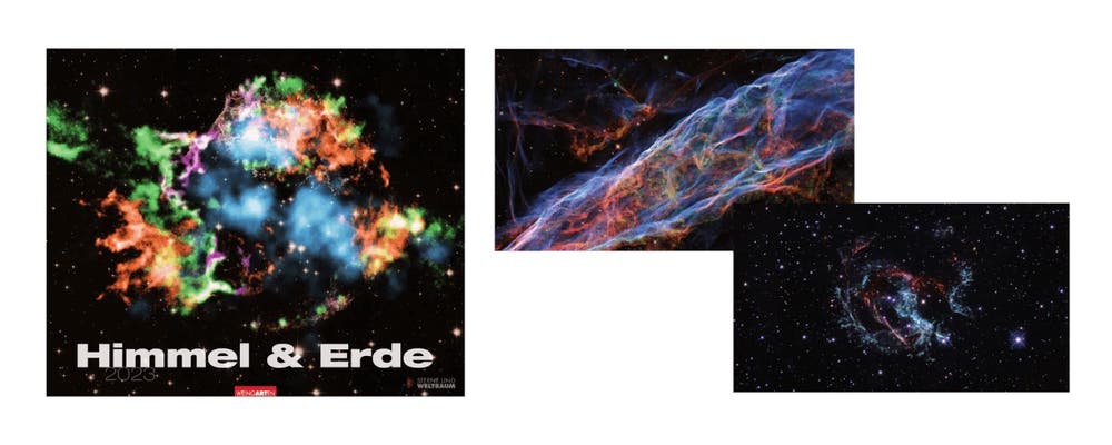 Bildkalender "Himmel und Erde" mit 13 Motiven aus der astronomischen Forschung. Abbildung von drei Beispielbildern.
