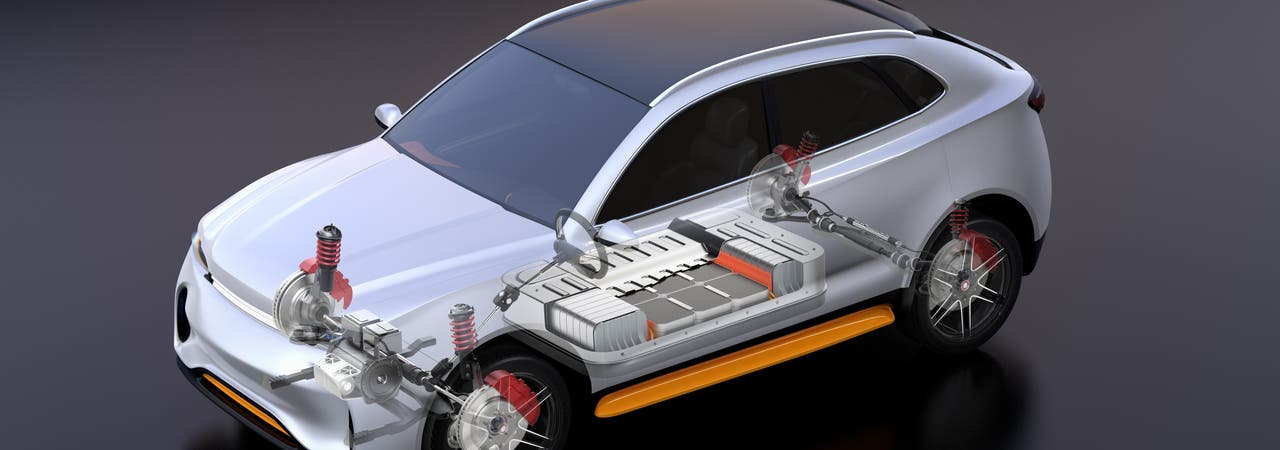 3D-Grafik des Innenlebens eines Elektroautos