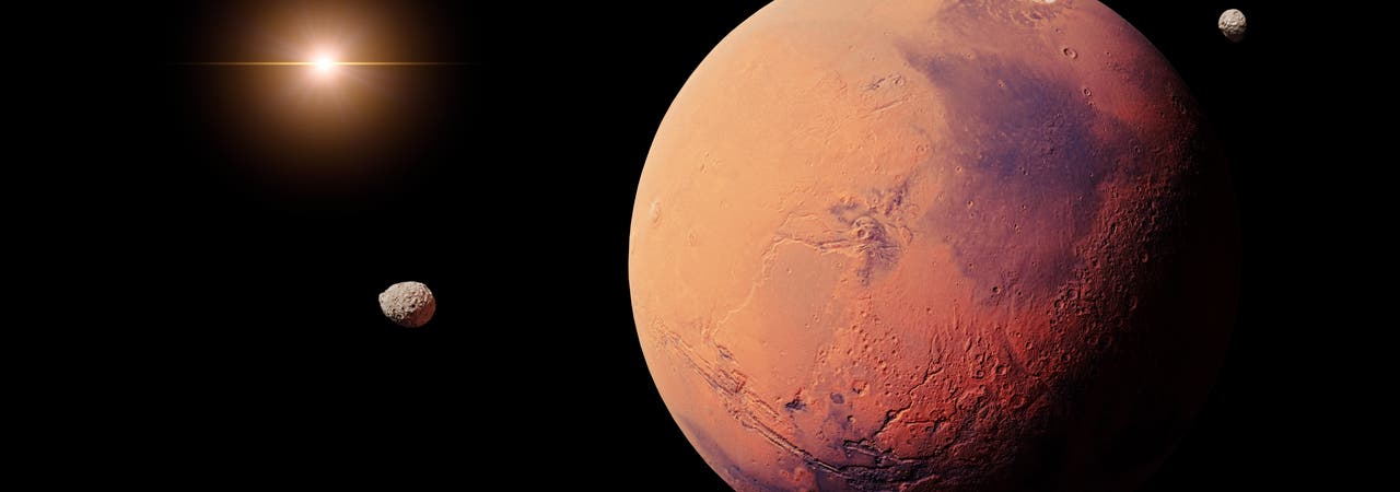 Mars und seine Monde (künstlerische Darstellung)