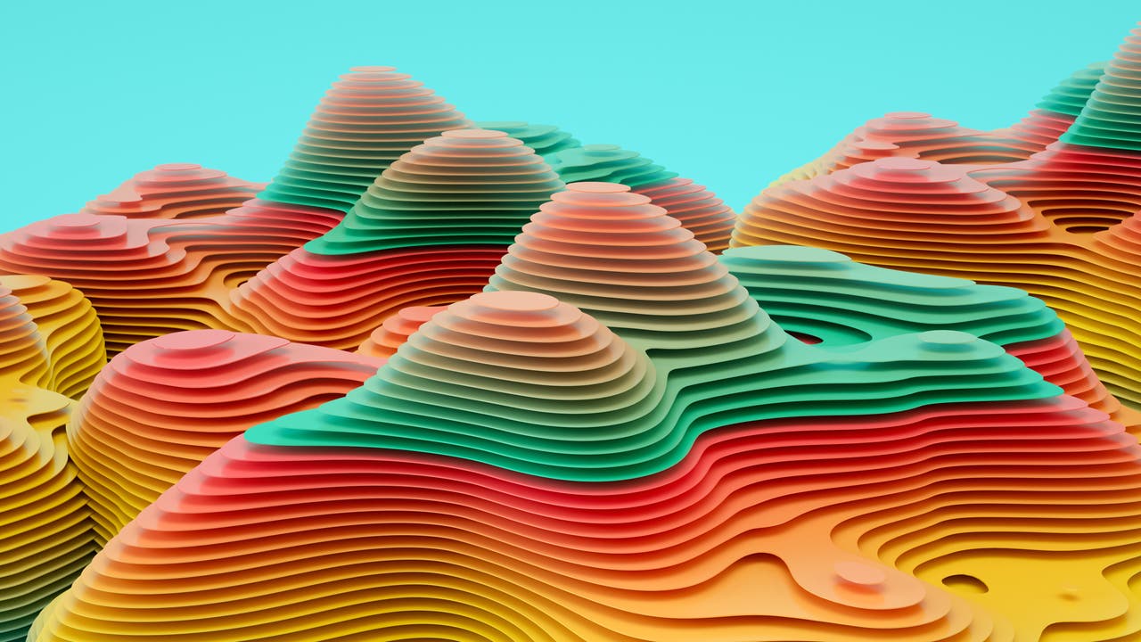 Ein abstraktes 3-D-Bild zeigt eine Landschaft aus geschichteten, wellenförmigen Formen, die an bunte Hügel erinnern. Die Schichten sind in lebhaften Farben wie Rot, Orange, Gelb, Grün und Blau gehalten und erzeugen einen dynamischen topografischen Effekt. Der Hintergrund ist ein helles Türkis, das einen starken Kontrast zu den intensiven Farben der Schichten bildet.