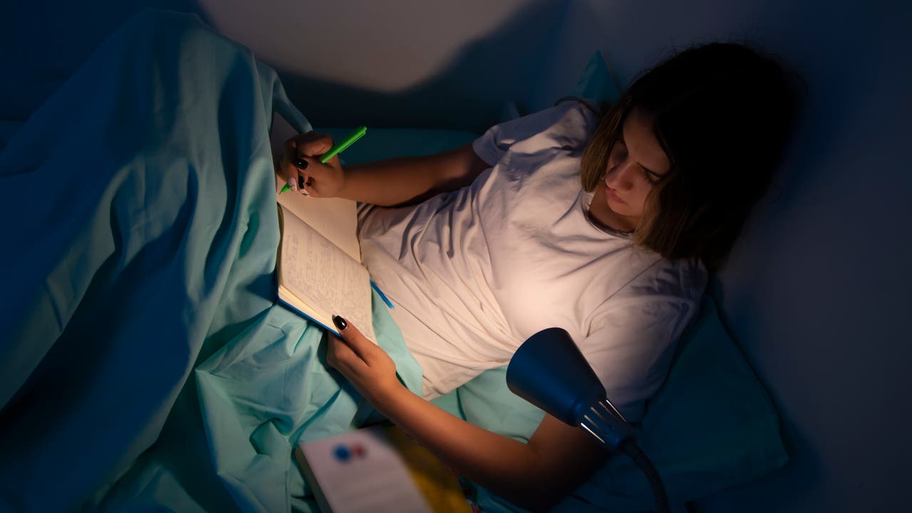 Eine junge Frau sitzt im Bett und schreibt in ein Notizbuch.