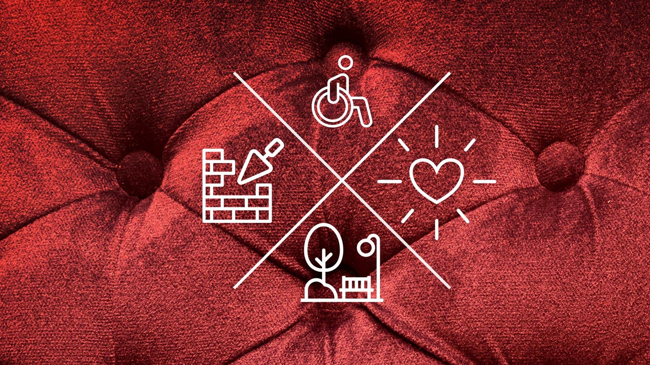Symbole vor rotem Plüsch: Sanierungsarbeiten, Rollstuhl, Liebe, Parkbank