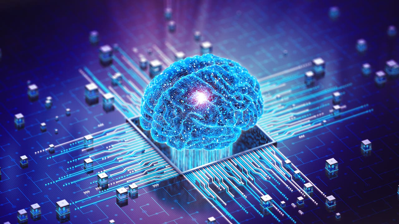 Illustration eines künstlichen Hirns auf einem Computer. Digitaler Verstand. Visualisierung des Konzepts der künstlichen Intelligenz des Gehirns