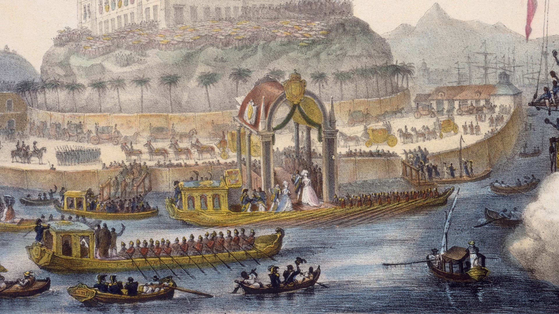 Kolorierte Lithographie, die die Ankunft der Habsburgerin Leopoldine auf Schiffen in Rio de Janeiro zeigt.