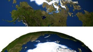 Meereis in der Arktis 1979 (oben) und 2005