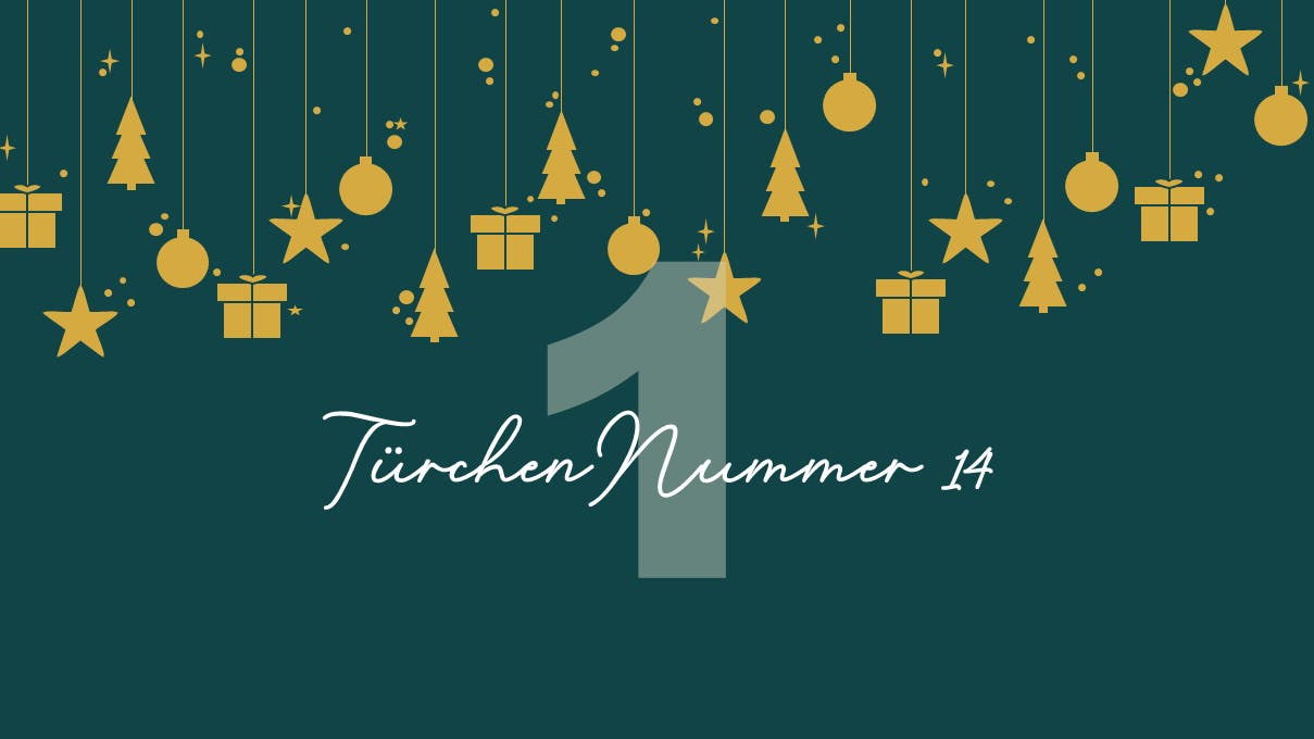 Ein festliches Bild mit einem dunkelgrünen Hintergrund, auf dem goldene Symbole wie Sterne, Tannenbäume, Kugeln und Geschenke von oben herabhängen. In der Mitte steht eine große, transparente Zahl "1". Darunter befindet sich der Text "Türchen Nummer 14" in eleganter, weißer Schrift. Das Bild vermittelt eine weihnachtliche Stimmung.