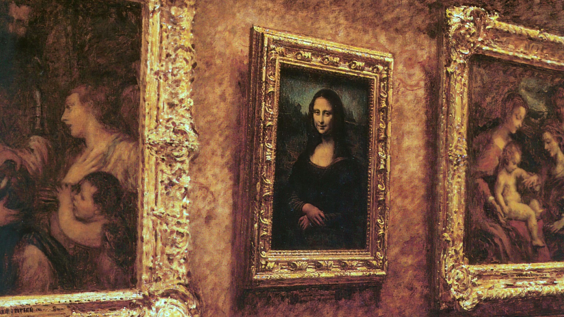 Gemälde von Louis Bérard: die Mona Lisa im Jahr 1911 in ihrer Museumsumgebung.