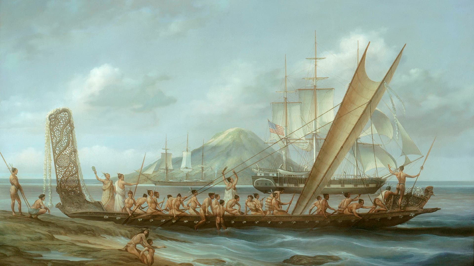 Kanu der Maori und Walfängerschiff in der Bay of Plenty im Jahre 1870