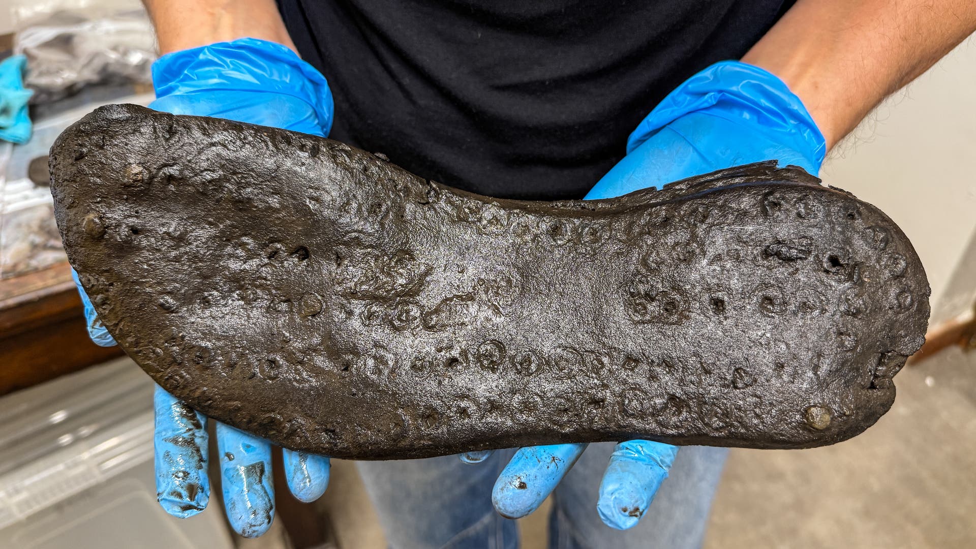 Eine Person in einem schwarzen T-Shirt hält mit blauen Handschuhen eine altrömische, abgenutzte Schuhsohle. Die Sohle ist dunkel und weist sichtbare Abnutzungsspuren auf. Im Hintergrund sind unscharf einige Gegenstände zu erkennen.