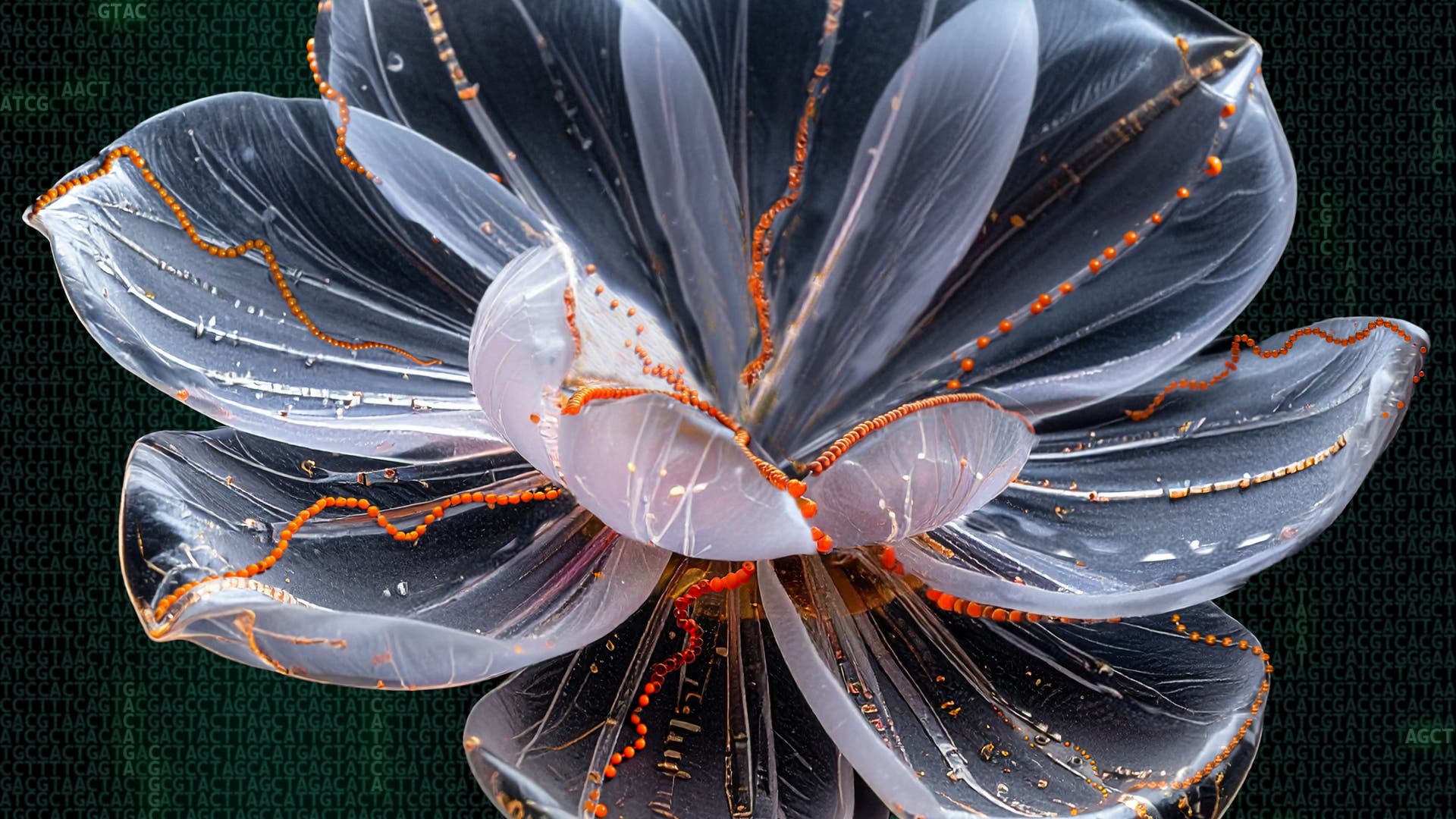 Eine künstlerische Darstellung einer Blume mit durchscheinenden, glasähnlichen Blütenblättern, die von feinen, orangefarbenen Linien durchzogen sind. Der Hintergrund zeigt ein Muster aus wiederholten DNA-Basenpaaren, das eine Verbindung zwischen Kunst und Wissenschaft suggeriert. Die Blume wirkt ätherisch und modern, mit einem Fokus auf organische Formen und wissenschaftliche Elemente.