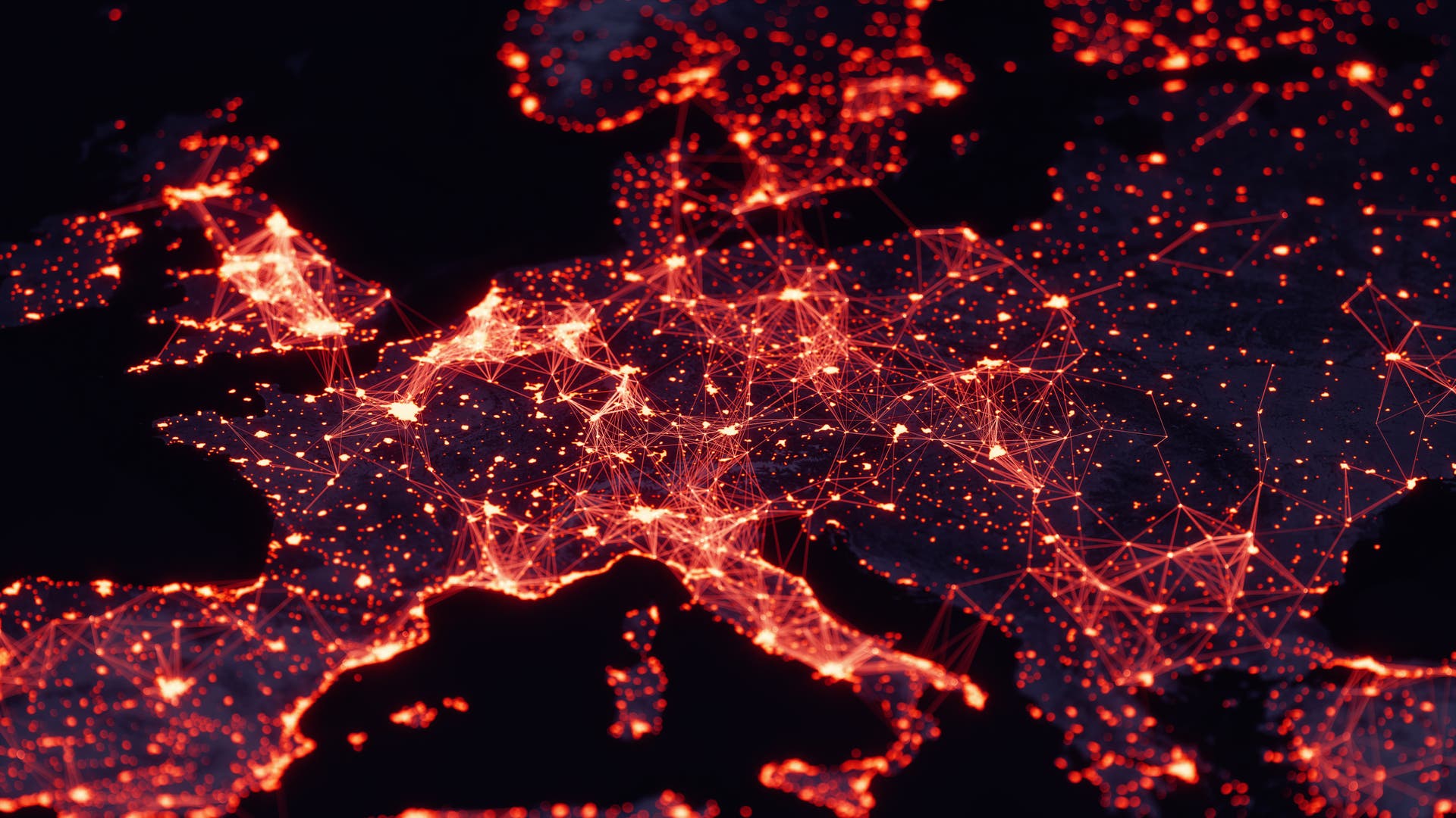 Visualisierung von Städten in Europa: schwarze Landkarte mit leuchtenden Punkten und Verbindungen