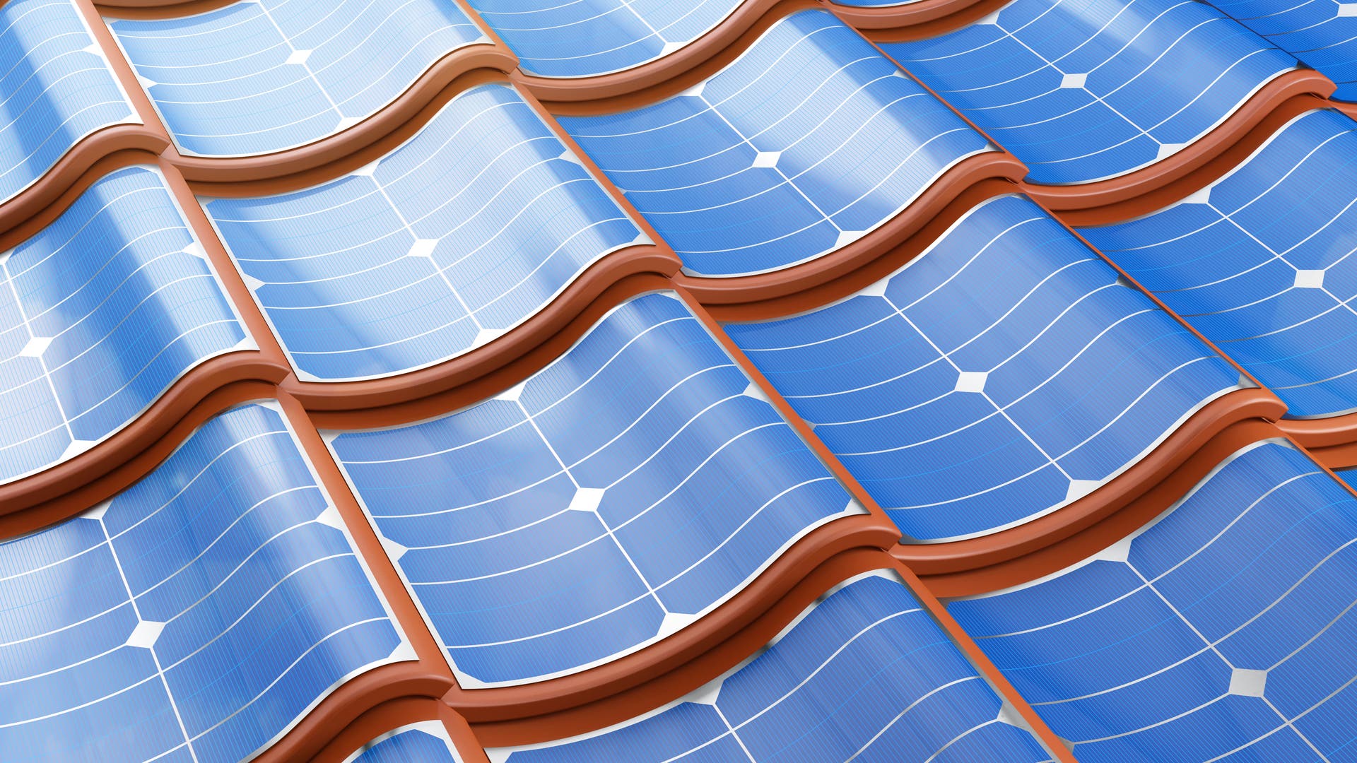 Auf gewellten Dachziegeln sind flexible Solarzellen aufgeklebt