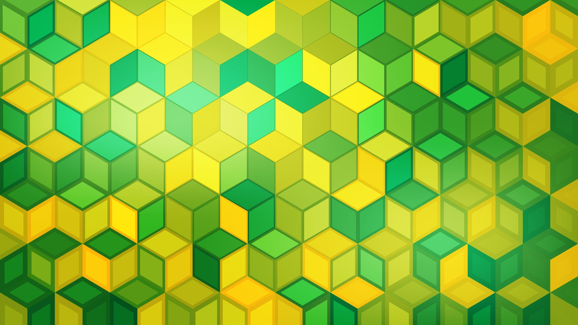 Ein geometrisches Muster aus ineinandergreifenden, dreidimensional wirkenden Würfeln in verschiedenen Gelb- und Grüntönen. Die Anordnung der Würfel erzeugt einen kaleidoskopartigen Effekt, der Tiefe und Bewegung suggeriert.