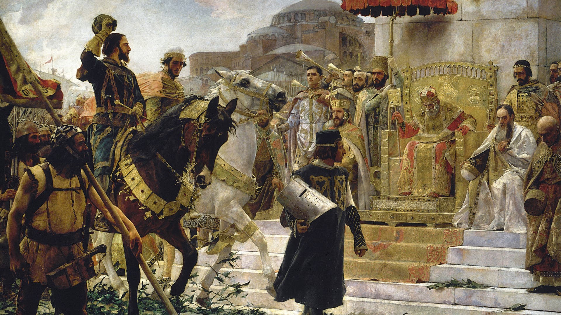 Eine historische Szene zeigt eine Gruppe von Menschen in prächtigen Gewändern vor einem imposanten Gebäude. Im Zentrum sitzt eine Person auf einem reich verzierten Thron, umgeben von Beratern und Wachen. Links reitet eine Figur auf einem geschmückten Pferd, während andere Personen zu Fuß gehen. Die Architektur im Hintergrund erinnert an byzantinische Bauwerke. Die Szene vermittelt einen Eindruck von Macht und Zeremonie.