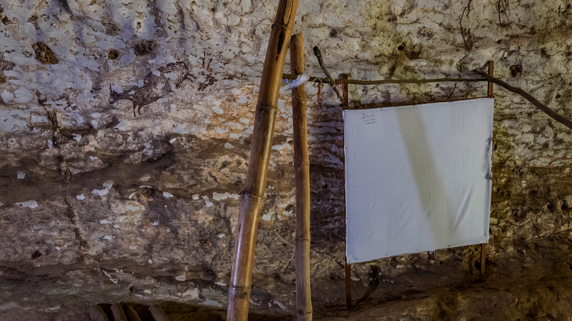 Die Fachleute haben eine Leinwand in einer Höhle von Bulu’ Sipong 4 aufgespannt. Auf der Behelfskonstruktion soll sich Staub sammeln.