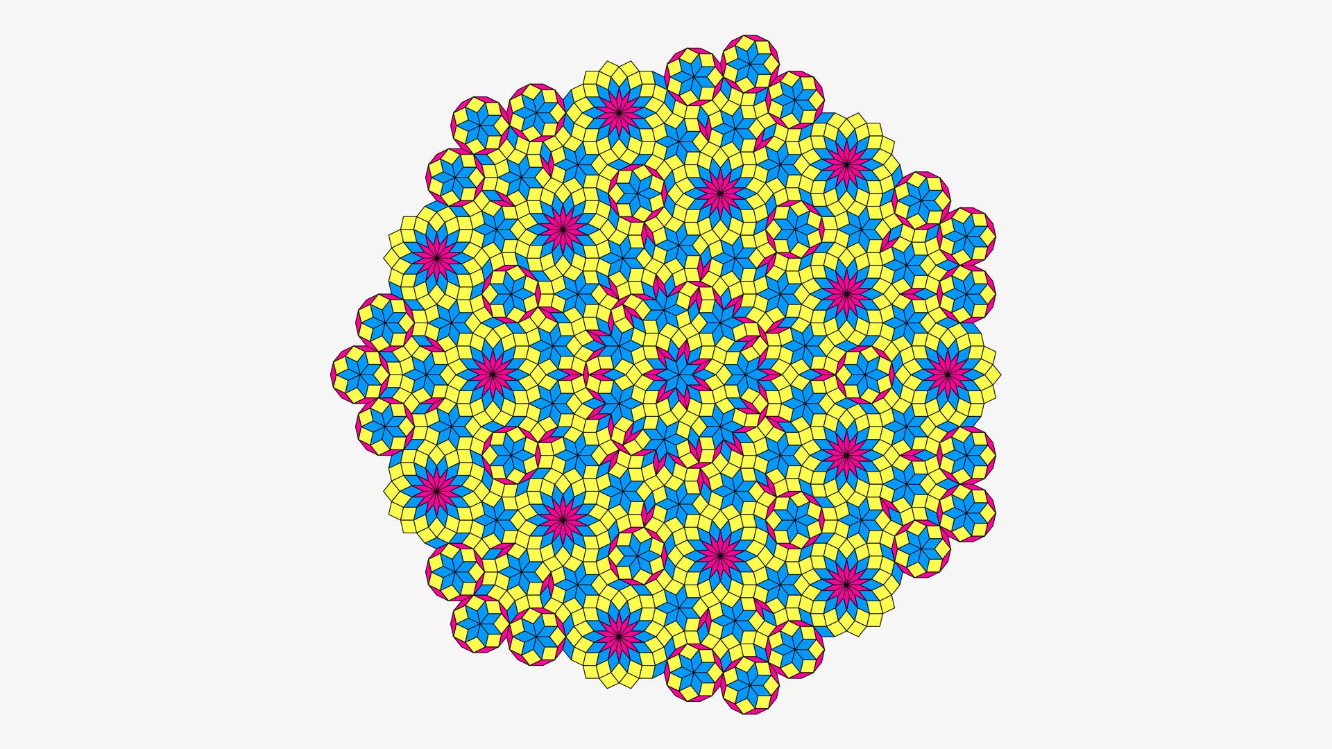 Eine komplexe geometrische Skizze zeigt ein kreisförmiges Muster aus sich wiederholenden, farbigen Formen. Die dominierenden Farben sind Gelb, Blau und Magenta. Das Design besteht aus sternförmigen und blumenähnlichen Mustern, die symmetrisch angeordnet sind und ein kaleidoskopartiges Erscheinungsbild erzeugen. Die Skizze vermittelt ein Gefühl von Harmonie und Struktur durch die präzise Anordnung der geometrischen Elemente.